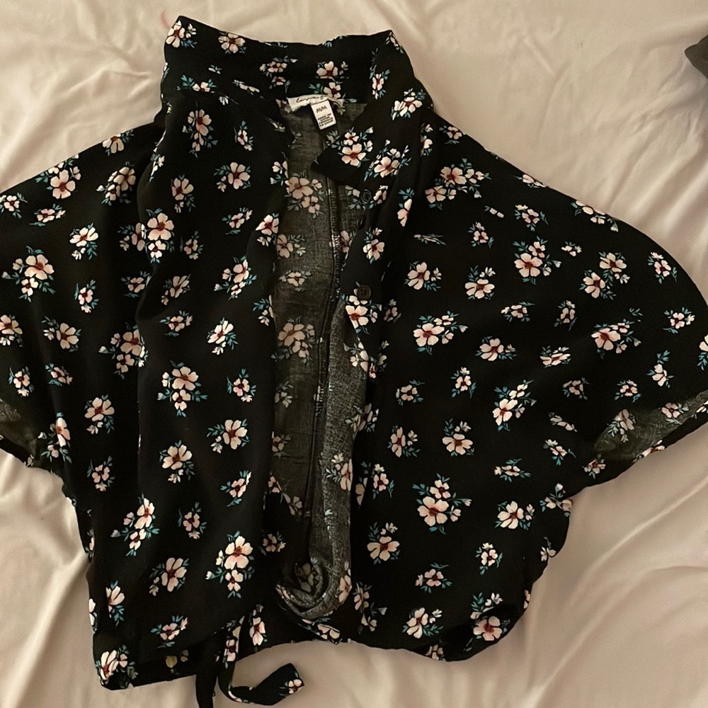 Kids, black button up with pink flowers.